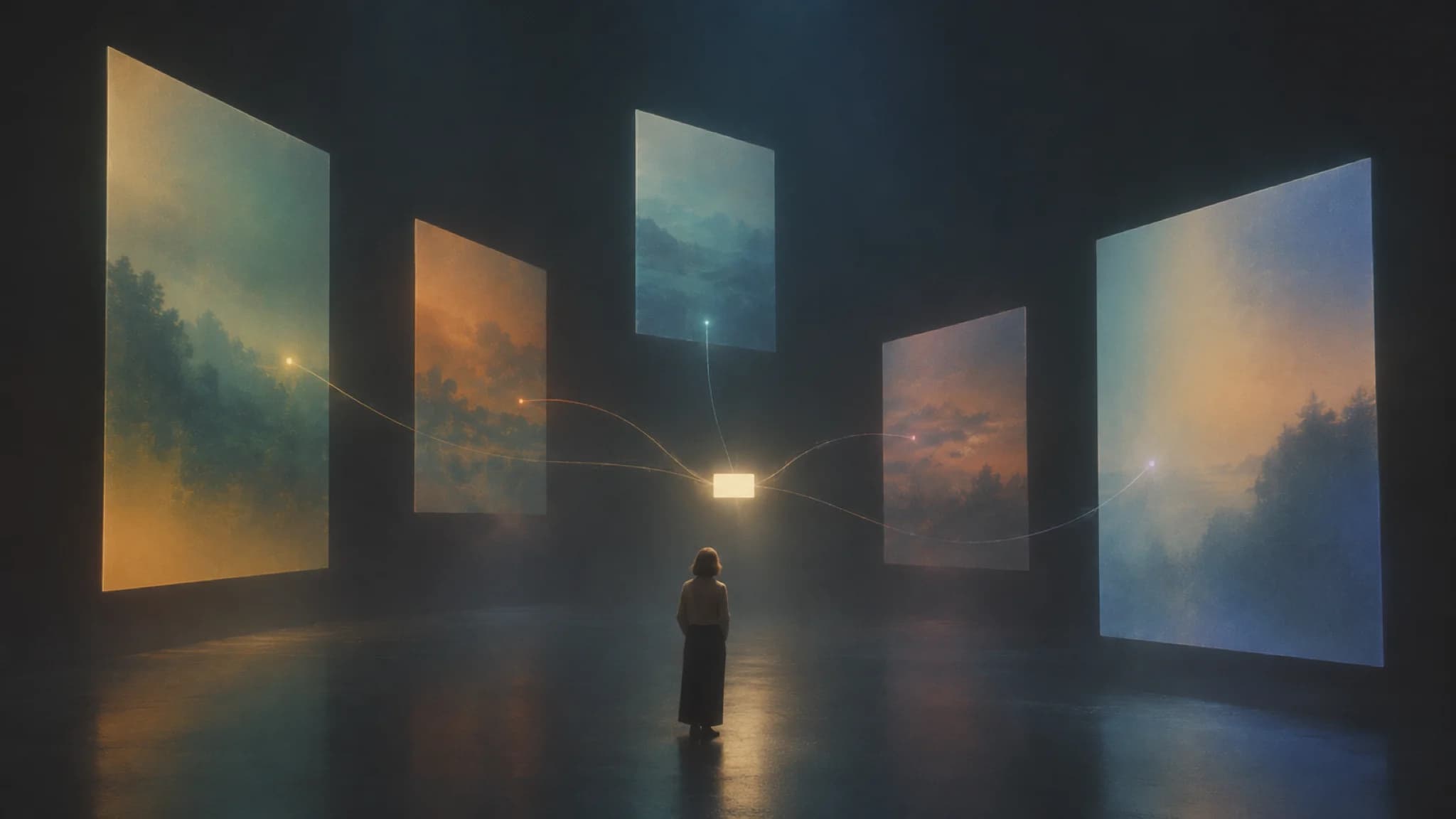 A person facing connected landscapes that converge into one answer, illustrating shared marketing intelligence.