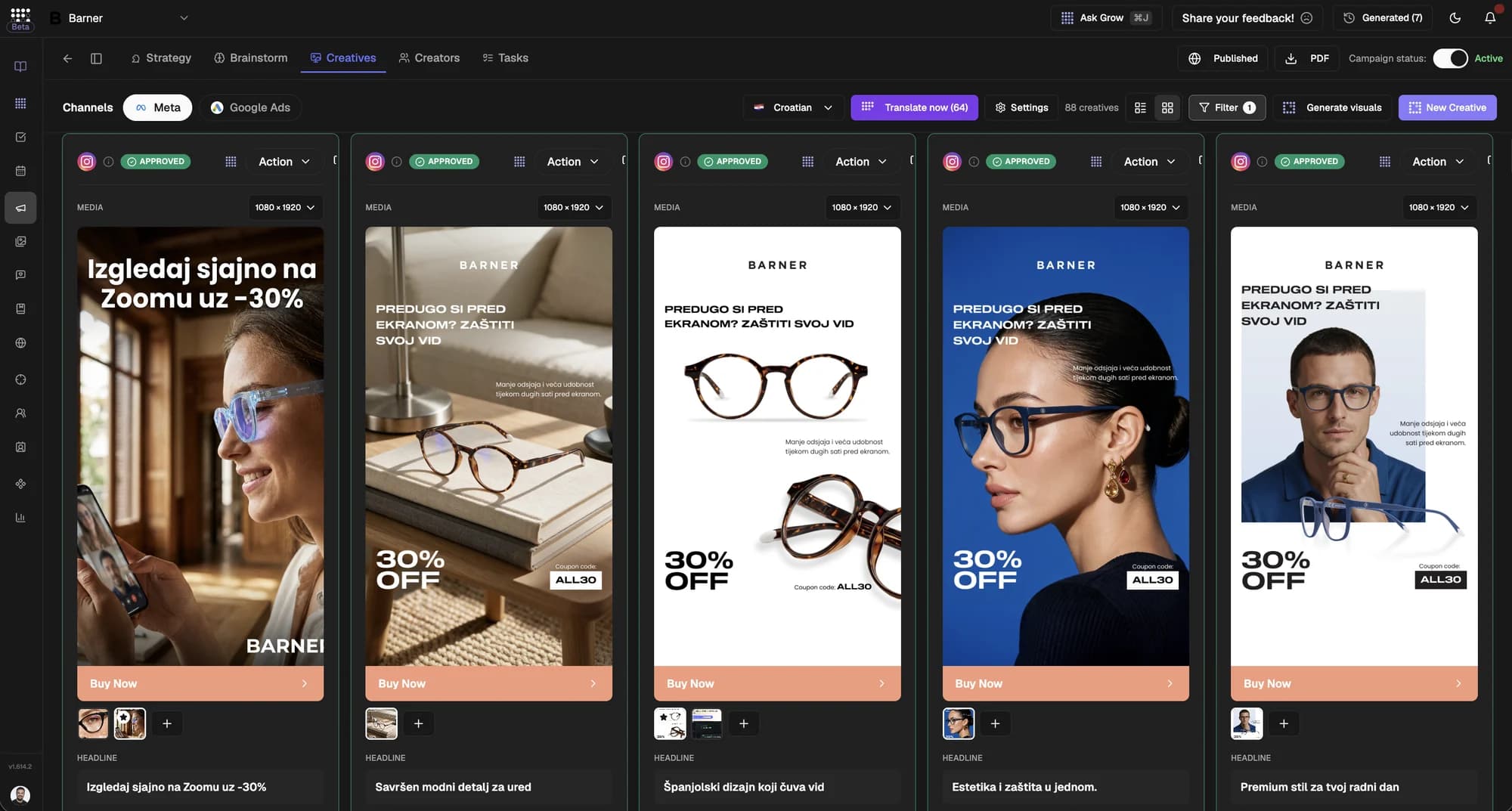 Checkgrow Creative Studio inside Barner's campaign: approved AI-generated Meta ad creatives in Croatian for Barner screen glasses, each with a 30% off ALL30 offer, a Buy Now button and its headline