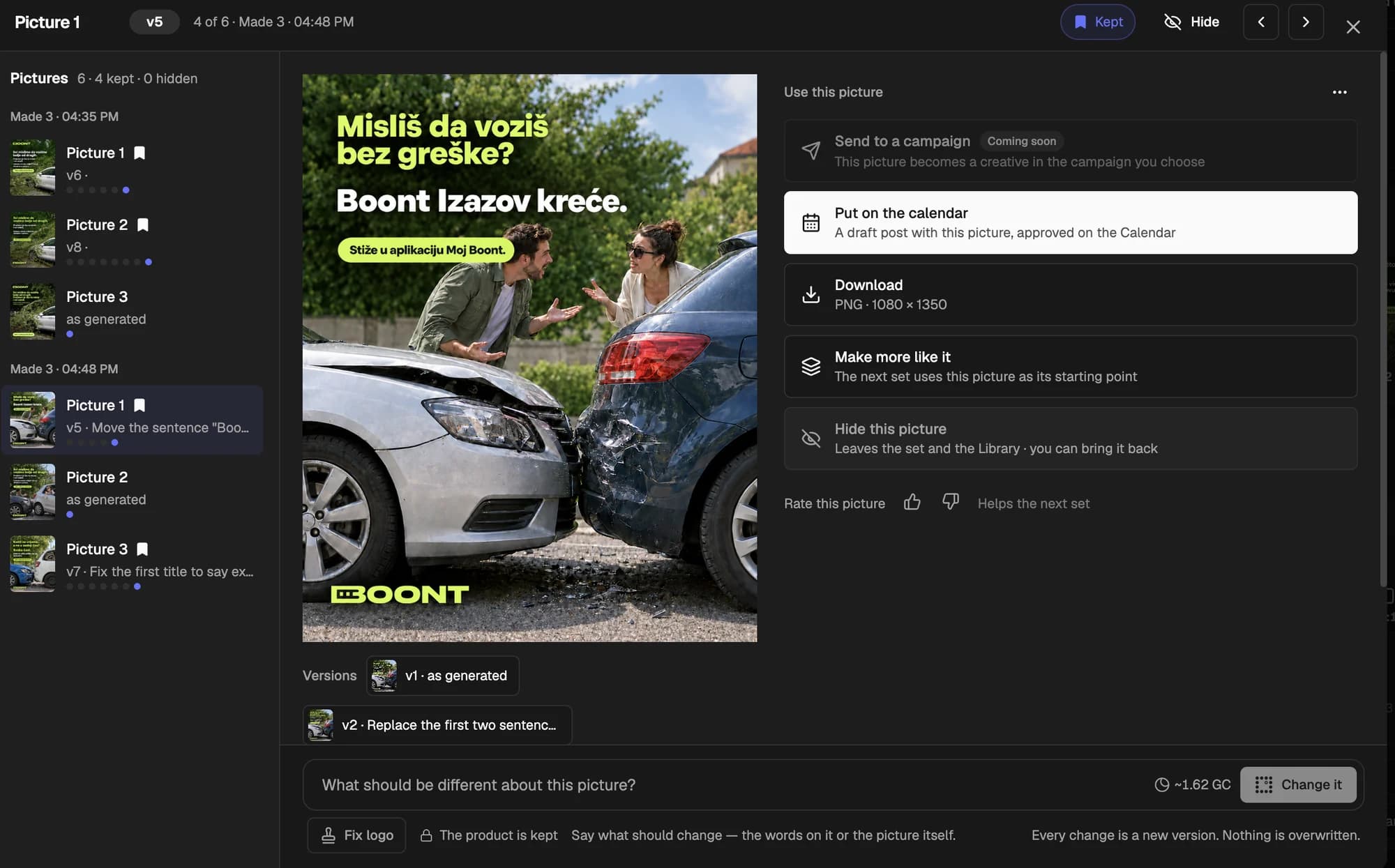 A single Boont ad in Checkgrow Creative Studio, Mislis da vozis bez greske? Boont Izazov krece, with its versions, and options to put it on the calendar as a draft social post, download it, make more like it or change it by describing what should be different
