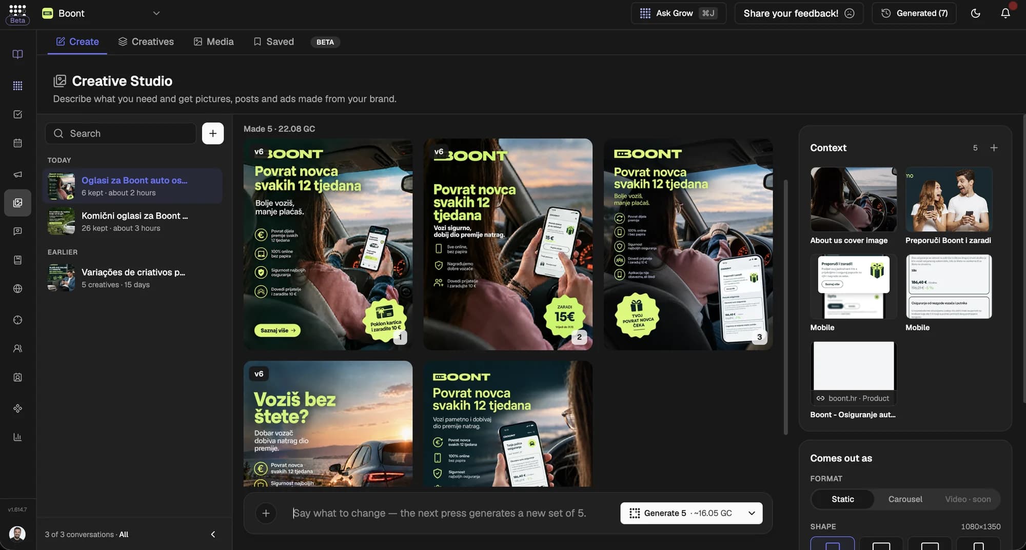 Checkgrow Creative Studio for Boont: a set of AI-generated Croatian car insurance ads with the headline Povrat novca svakih 12 tjedana (Cashback every 12 weeks), built from Boont's brand context including its about-us image, mobile app screens and the boont.hr product page