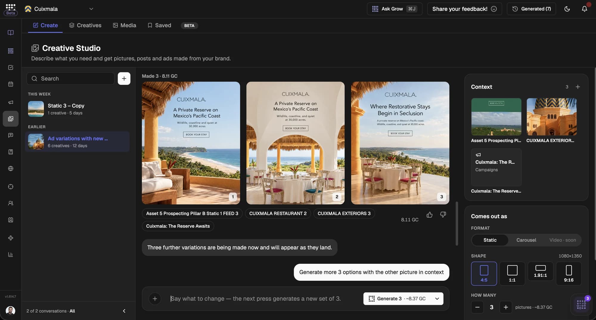 Checkgrow Creative Studio for Cuixmala: three AI-generated luxury resort ads, A Private Reserve on Mexico's Pacific Coast and Where Restorative Stays Begin in Seclusion, built from Cuixmala's restaurant and exterior photography and The Reserve Awaits campaign as context, with format and shape options