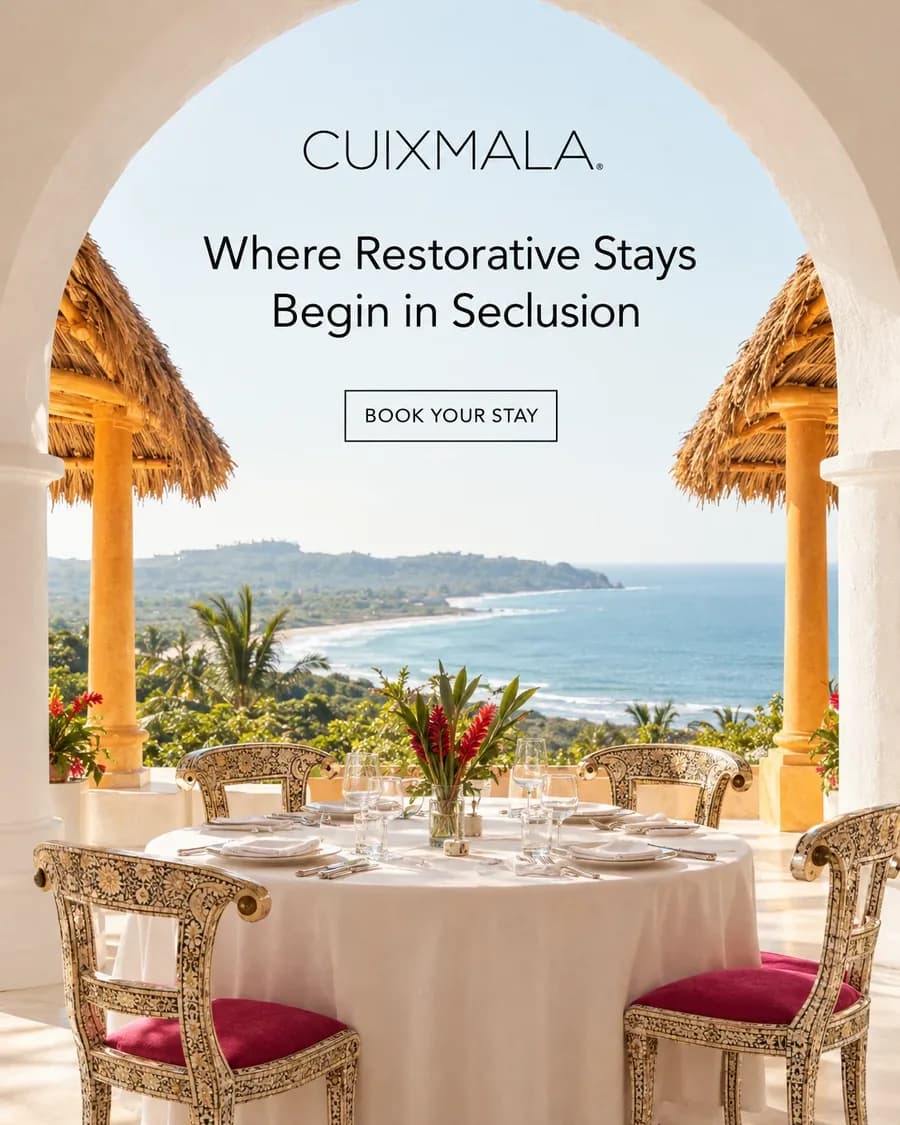 Cuixmala Meta ad: a dining table under a white arch with a sea view, headline Where Restorative Stays Begin in Seclusion and a Book your stay button