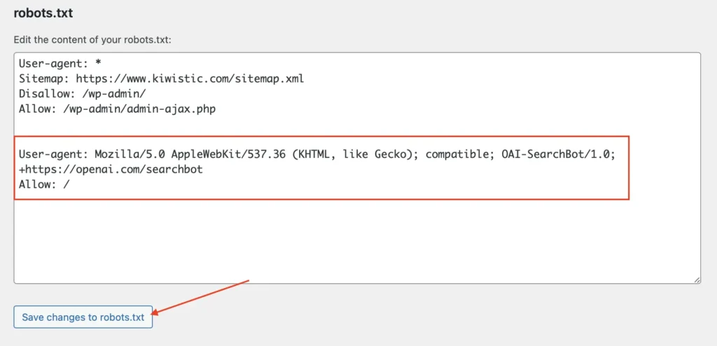 How to Get Your WordPress Site Indexed by AI (ChatGPT, Gemini & Beyond) 2 Screenshot of a well-structured robots.txt file in a WordPress SEO plugin like Rank Math or Yoast.